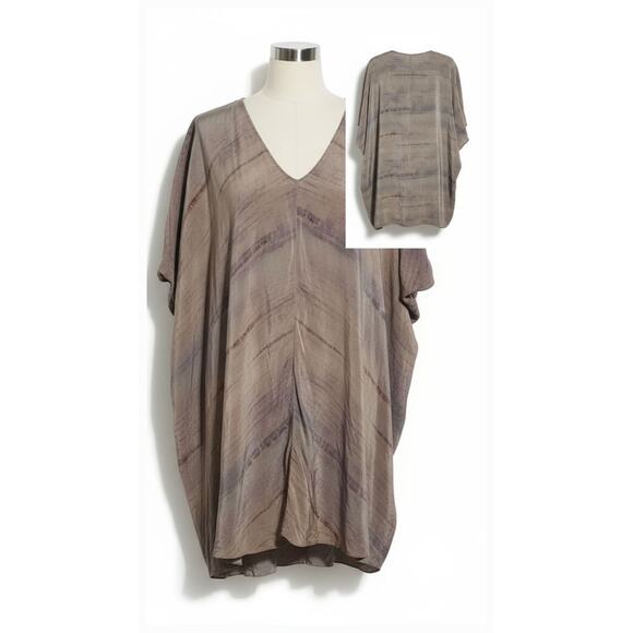 Eileen Fisher Women Small Mocha Grove Printed Silk Crepe V Neck Wedge Tunic Top - Picture 1 of 9